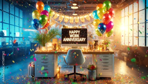 Happy Work Anniversary Office Decor with Balloons and Confetti