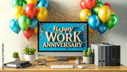 Office Desk Celebration with Happy Work Anniversary Display