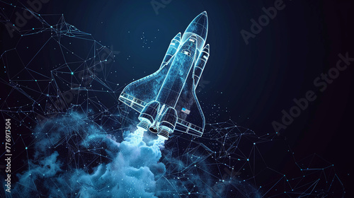 A striking depiction of a glowing, abstract space shuttle launch, complete with dynamic smoke effects, rendered in low poly wireframe on a dark, tech-inspired background