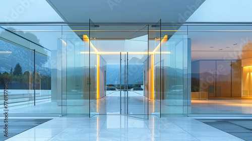 A stylish and modern glass sliding door serves as the entrance to a building or villa, its clear and clean lines reflecting a minimalist aesthetic and inviting natural light to enhance the space.