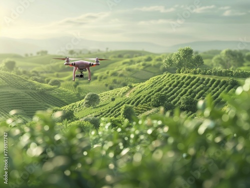 High tech agriculture with drones flying over a field, precision farming on light green background.