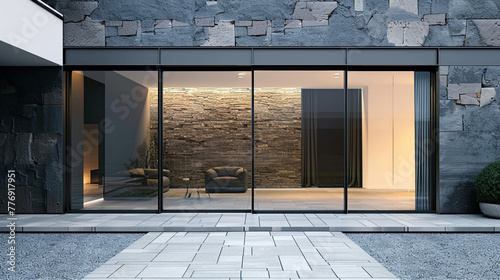 A stylish and modern glass sliding door serves as the entrance to a building or villa, its clear and clean lines reflecting a minimalist aesthetic and inviting natural light to enhance the space.