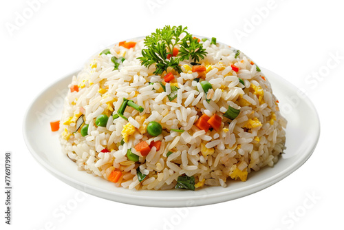 Egg fried rice with mixed vegetables isolated on white background.