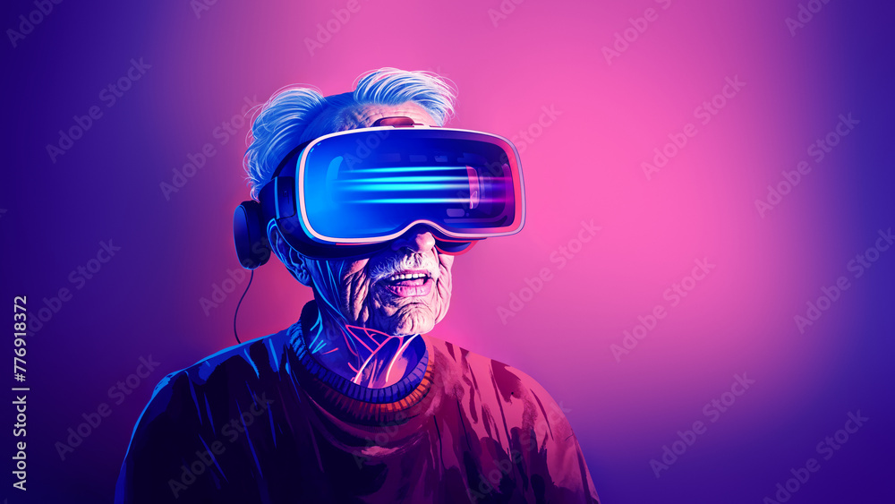 Old man wearing VR headset exploring the metaverse, minimal and clean. Concept illustration Old man wearing VR headset exploring the metaverse, minimal and clean. Concept illustration