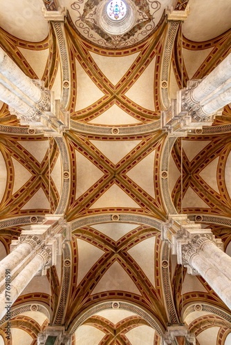 Pienza, Italy - July 24, 2023: Ceiling of the cathedral of Pienza in Italy