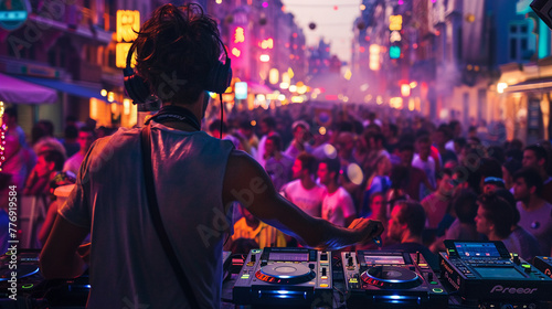 A youthful energy permeates the city streets as a DJ mixes beats at an outdoor festival, with throngs of young people gathered to revel in the vibrant summer atmosphere.