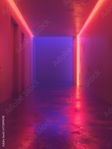 Vibrant Neon-Lit Futuristic Corridor with Minimalist Architectural Design and Reflective Surfaces