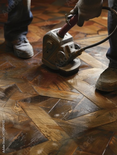 Wooden Flooring Installation and Repair Tools on Patterned Hardwood Floor