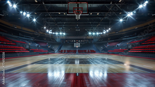 An expansive view of an empty basketball arena, where the vast stadium and sports ground are lit by powerful flashlights, emphasizing the rows of unoccupied fan seats photo