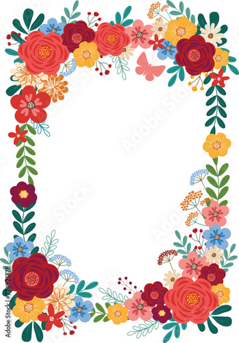 Bright Color Flower Frame Wreath Border Garland - Hand Drawn Clipart Vector Illustration for Invitation, Greeting Card, Poster, Banner, and Wedding Decoration
