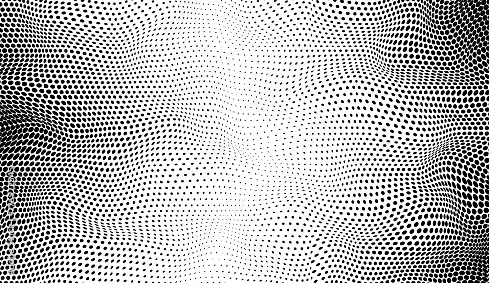 Black white banner with wavy half tone effect. Optical spotted monochrome texture. Abstract background with dots. Halftone dot pattern. Futuristic pop art print. Vector illustration.