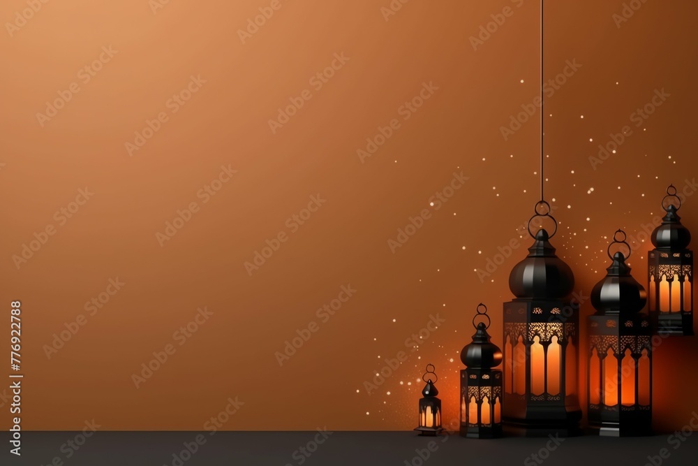 Fototapeta premium Eid mubarak and ramadan kareem greetings with islamic lantern and mosque. Eid al fitr background