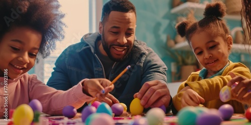 A group of children are gathered around a table, engaging in the leisure activity of decorating Easter eggs. This fun art event combines recreation, visual arts, and play in a circle of excitement