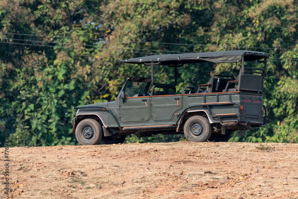 An Indian forest safari vehicle. Close up, selective focus.