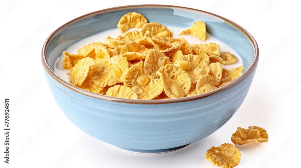 Delightful Cornflakes in a Bowl, Accompanied by Milk and Yogurt, Highlighted on a Bright White Background Delightful Cornflakes in a Bowl, Accompanied by Milk and Yogurt, Highlighted on a Bright White Background