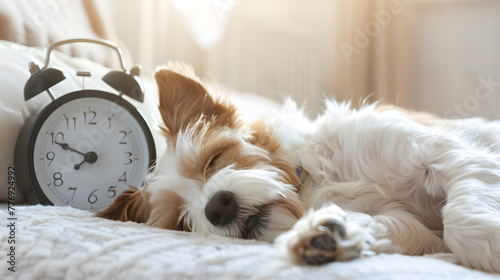 cozy atmosphere, morning light, peaceful scene unfolds as a dog sleeps soundly next to an alarm clock on a cozy bed in an apartment, capturing relaxation and tranquility photo