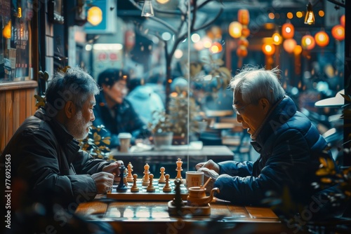 An intense match of Chinese Go, with players immersed in the game. photo