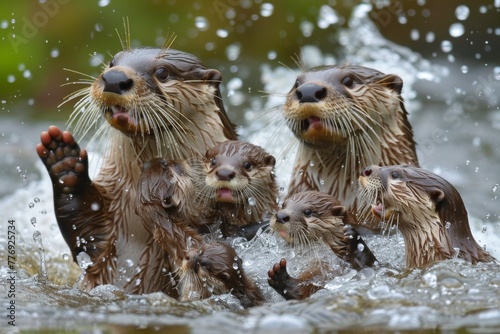 Family of Otters Playing in Water.  © kmmind