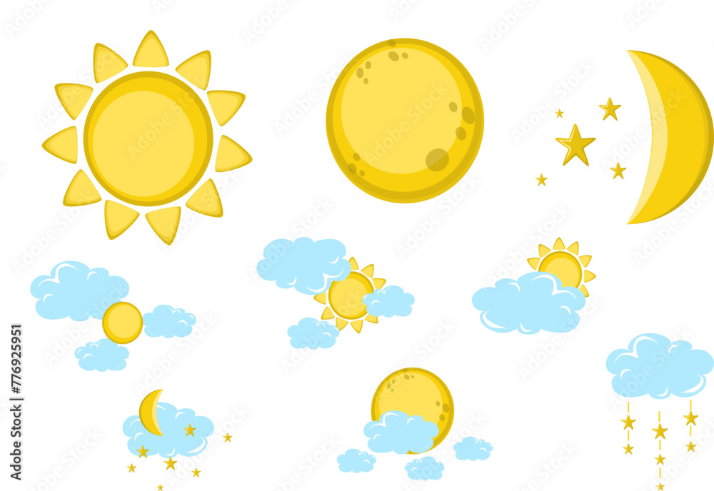 Set of objects on white background depicting celestial bodies, sun with moon and moon in clouds. Set of objects on white background depicting celestial bodies, sun with moon and moon in clouds.