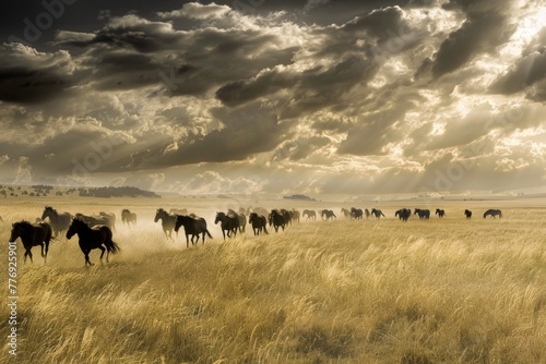 Herd of Horses Roaming Under a Dramatic Cloudy Sky. 
