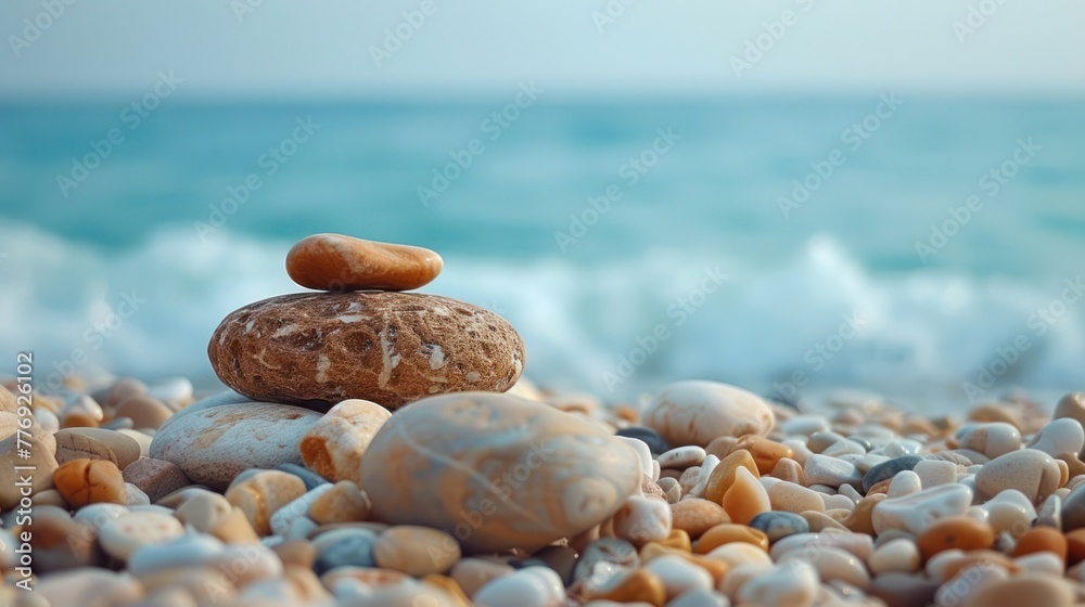 Pebbles on the beach with blurred sea background