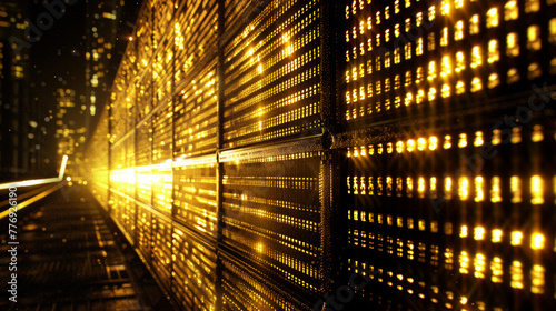 A long line of golden computer screens with a city skyline in the background. The screens are lit up and appear to be glowing