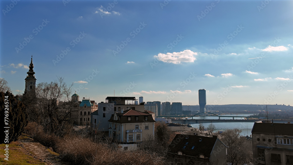 View from Kalemegdan fortress of Belgrade rivers and cityscape, Serbia.