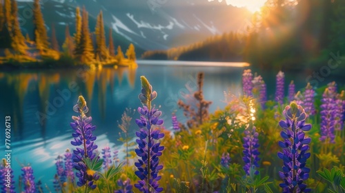 Purple lupine flowers growing beside a blue lake, morning sunlight, mountain is background photo