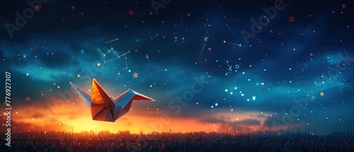 A serene depiction of a stand alone origami crane against a backdrop of the night sky filled with astrological symbols , 8K