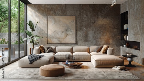 Design a modern, minimalist living room with hints of yuppie style and sophistication , Hyper realistic photo