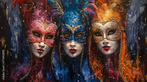 Venetian Carnival Masks, acrylic on canvas, elaborate costumes and festive atmosphere , sci-fi tone