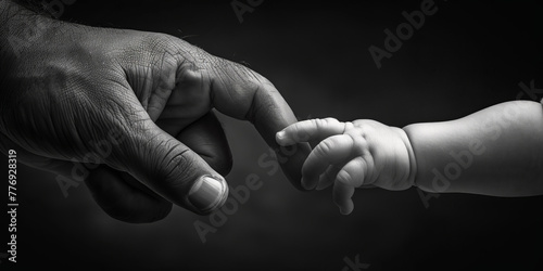 Sincere Black White Photograph: Adult Man Tenderly Holding Baby's Hand photo