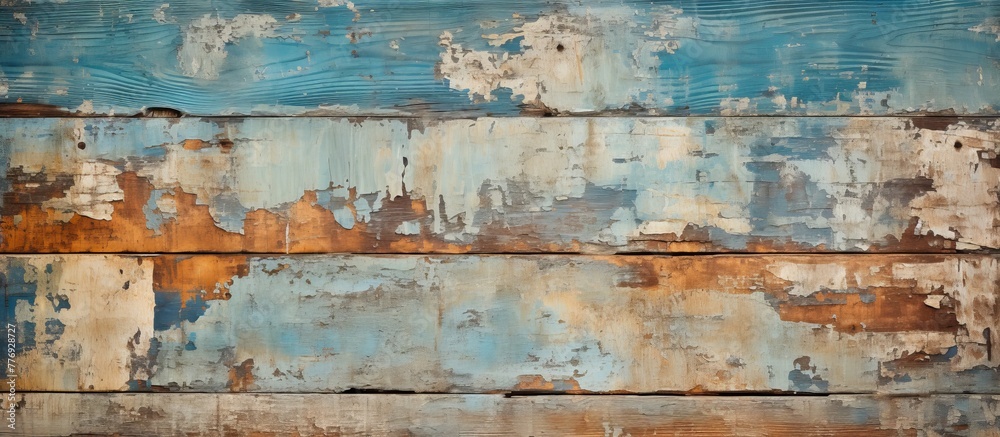 Weathered wooden wall captured in a close-up, showing peeling paint and rustic texture with a distressed appearance