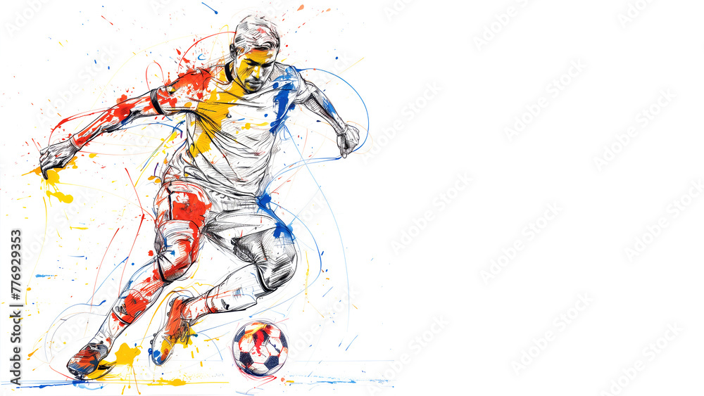 Colourful pencil sketch of a soccer player in white uniform with splat of blue, red and yellow colour, isolated on white background, copy space, horizontal 16:9