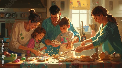 Overjoyed young family with little daughter doing bakery in kitchen together, happy parents enjoy weekend with small girl child baking biscuits pastries, making pie at home AIG42E photo