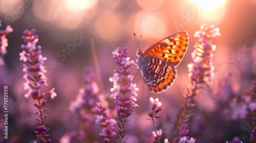 Violet heather flowers and butterfly in rays of summer sunlight in spring outdoors on nature macro © Attasit