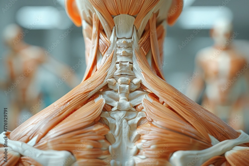 the anatomy of the trapezius muscles in closeup, showcasing their broad, triangular shape and their attachment points on the spine and shoulder girdle - obrazy, fototapety, plakaty 