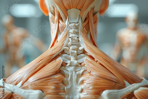 the anatomy of the trapezius muscles in closeup, showcasing their broad, triangular shape and their attachment points on the spine and shoulder girdle photo