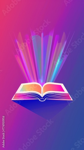 A flat style illustration of a book with a rainbow light emanating from its pages. World Book Day. Neon color, copy space. photo