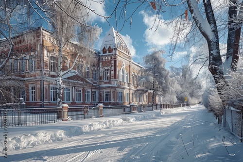 Building of Lesovichok nursery school in Ordzhonikidze street of Balashikha, Russia. Sunny winter view. photo