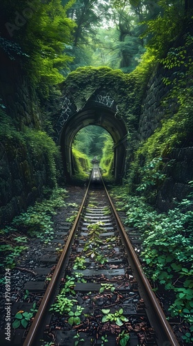 Enchanting Overgrown Train Tunnel Through Verdant Forest Landscape