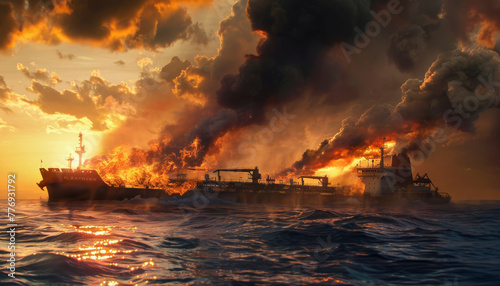 A dramatic sight unfolds as an oil tanker erupts into flames on the open sea. Thick smoke billows from the vessel  posing a grave threat to marine life and ecosystems.