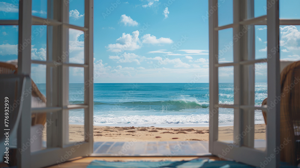 Open door of a beach house overlooking an amazing beach.