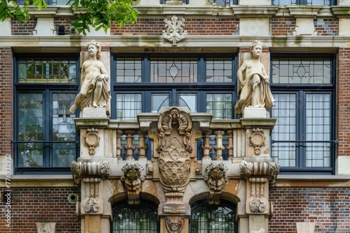 Facade of an ornate apartment building in the Amsterdamse School style in Amsterdam Zuid,