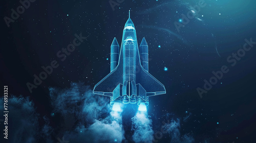 In this 3D vector illustration, a low poly space shuttle, bathed in a technological blue glow, soars upward amid smoke trails, 