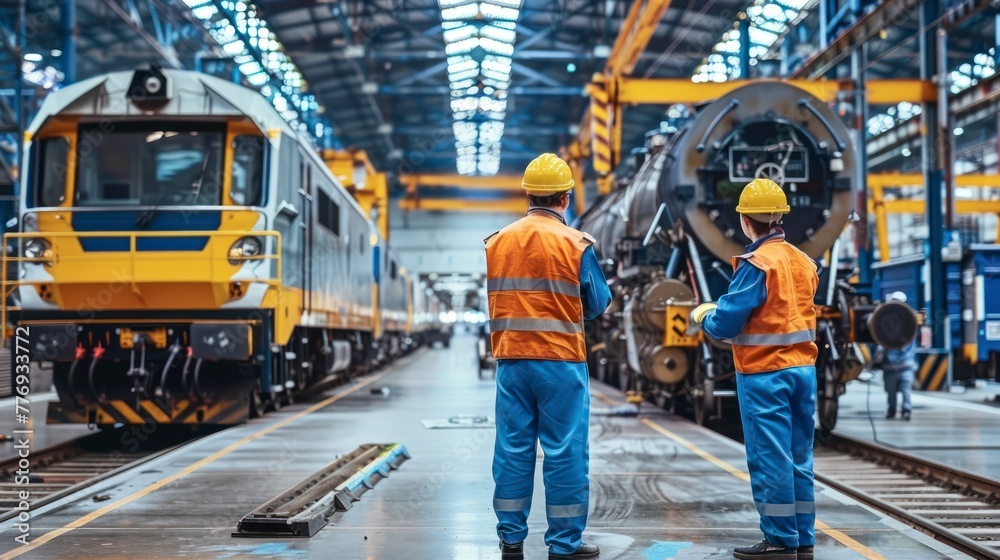 A Male Technician and Female Engineer in Safety Helmets Conduct Thorough Inspections and Maintenance of Electric Train Parts at a Railway Control Station A Male Technician and Female Engineer in Safety Helmets Conduct Thorough Inspections and Maintenance of Electric Train Parts at a Railway Control Station