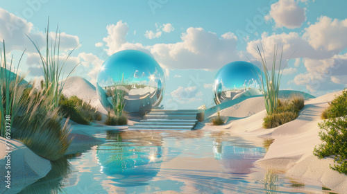 In a fantastical realm  a futuristic and surreal landscape unfolds  characterized by vibrant water  colorful sand  and lush grass.