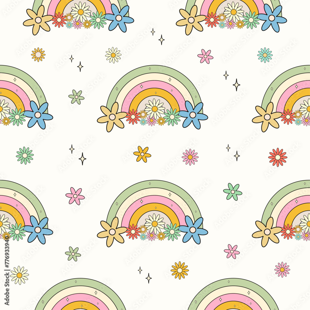 Funny Groovy seamless pattern in trendy retro style. Y2k collection. Retro y2k style. Retro hipster y2k pattern. Y2k Aesthetic.	