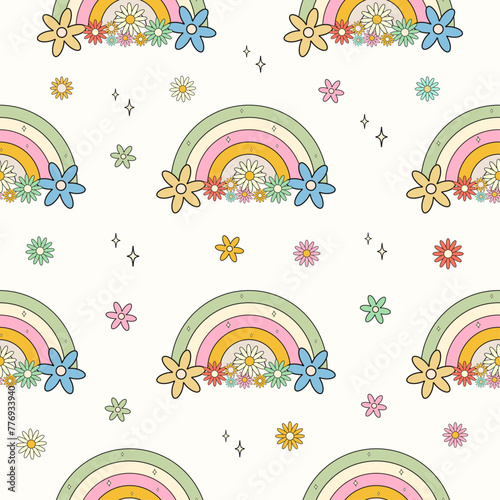 Funny Groovy seamless pattern in trendy retro cartoon characters. Y2k collection. Retro y2k style. Retro hipster y2k pattern. Y2k Aesthetic.	