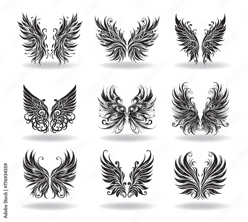PrCollection of vector Elves wings the style of engraving PrCollection of vector Elves wings the style of engraving